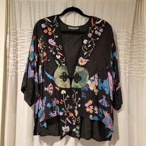 Embroidered Black Floral Kimono Jacket